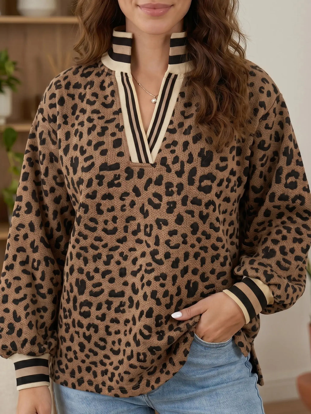 Brown Leopard Print Striped Trim Collar Pullover