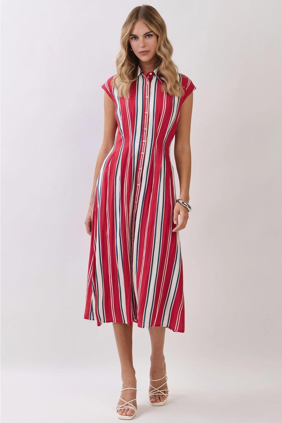 Fitted Bodice Striped Button Down Midi
