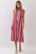 Fitted Bodice Striped Button Down Midi