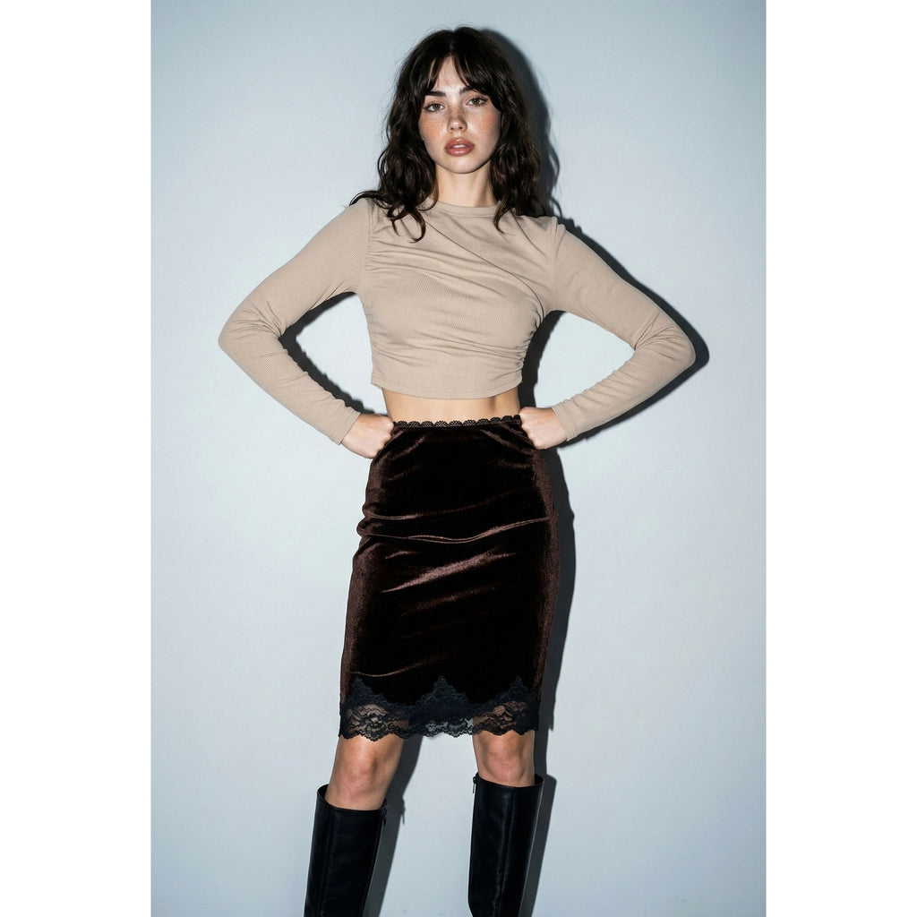 Lace Trim Velvet Knee-Length Skirt