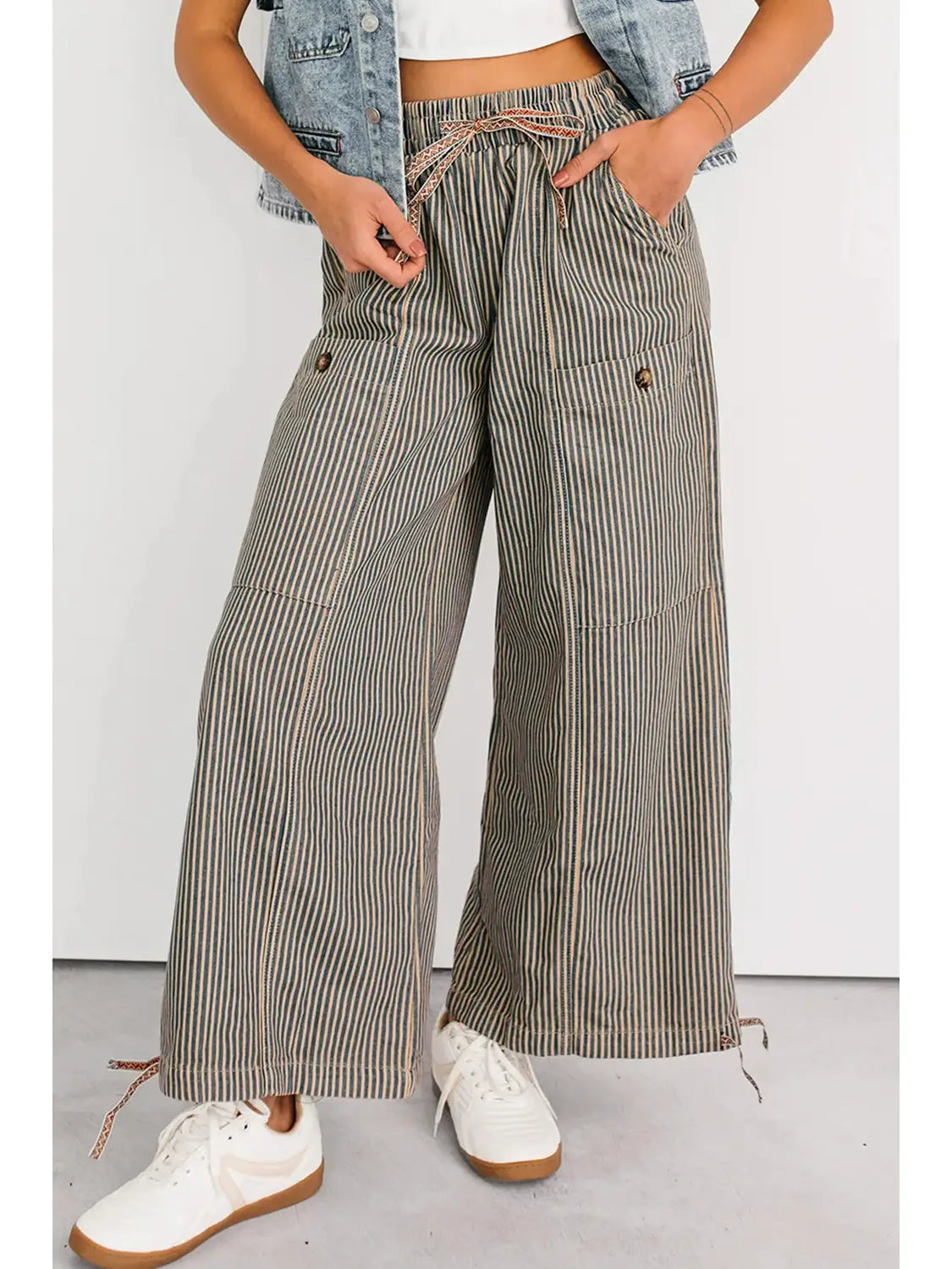 Stripe Button Patch Pocket Drawstring Pants