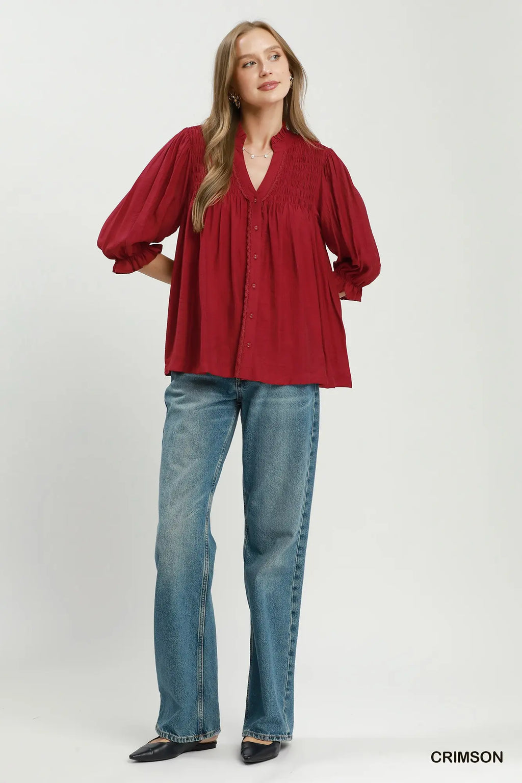 Smocked Yoke Button Front Blouse
