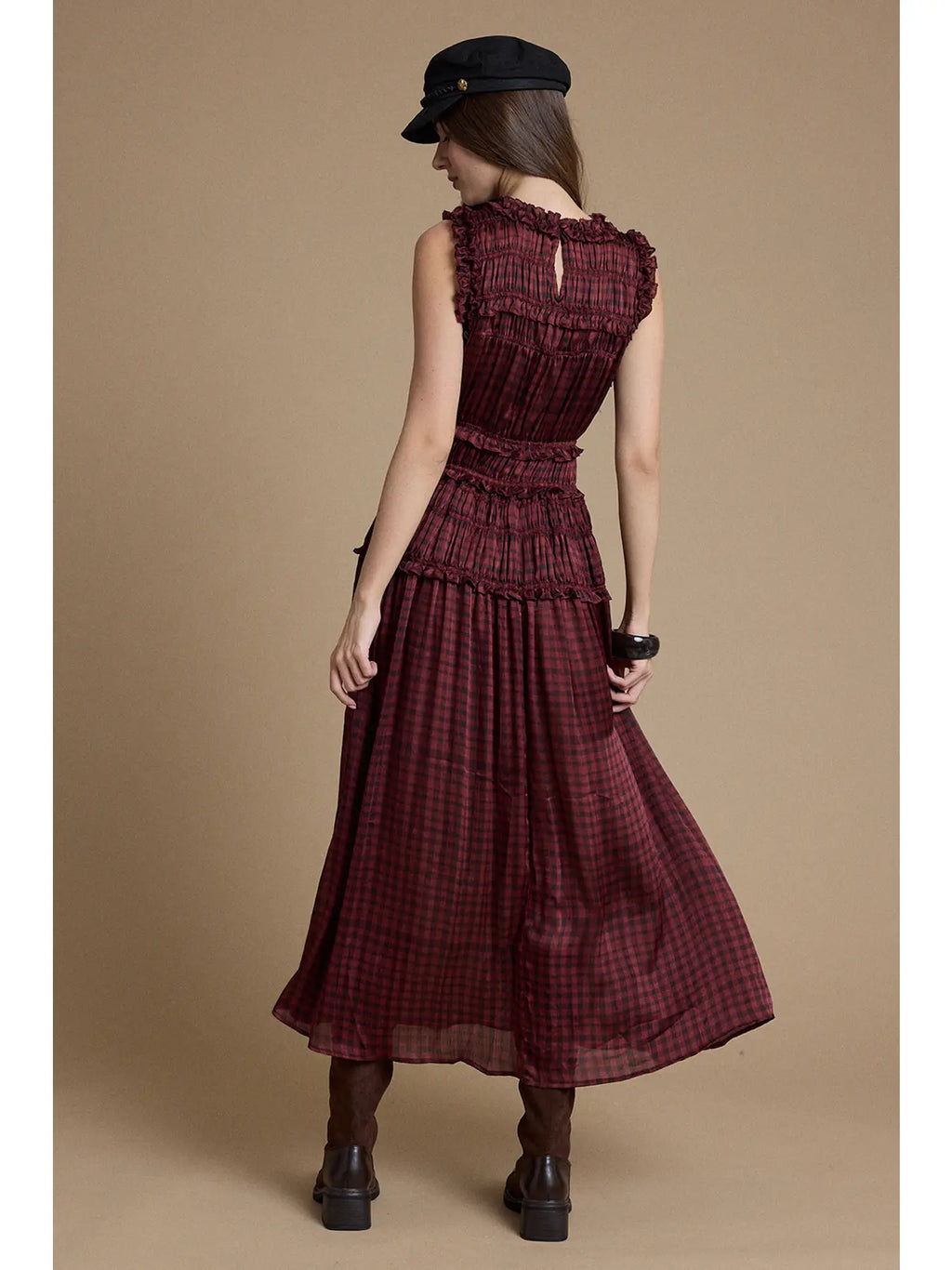 Plaid Ruffle Trim Smocked Maxi Dress