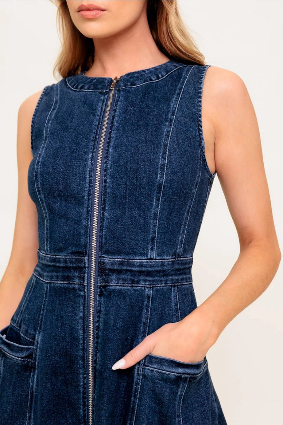 Washed Denim Full Zipper Midi Dress