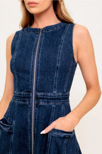 Washed Denim Full Zipper Midi Dress