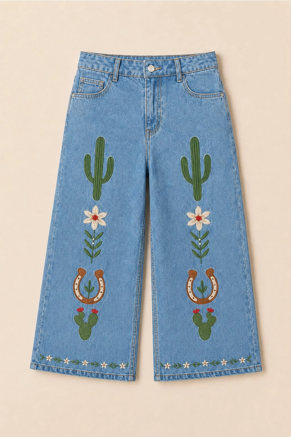 Wide Leg Embroidered Denim Pants