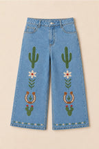 Wide Leg Embroidered Denim Pants