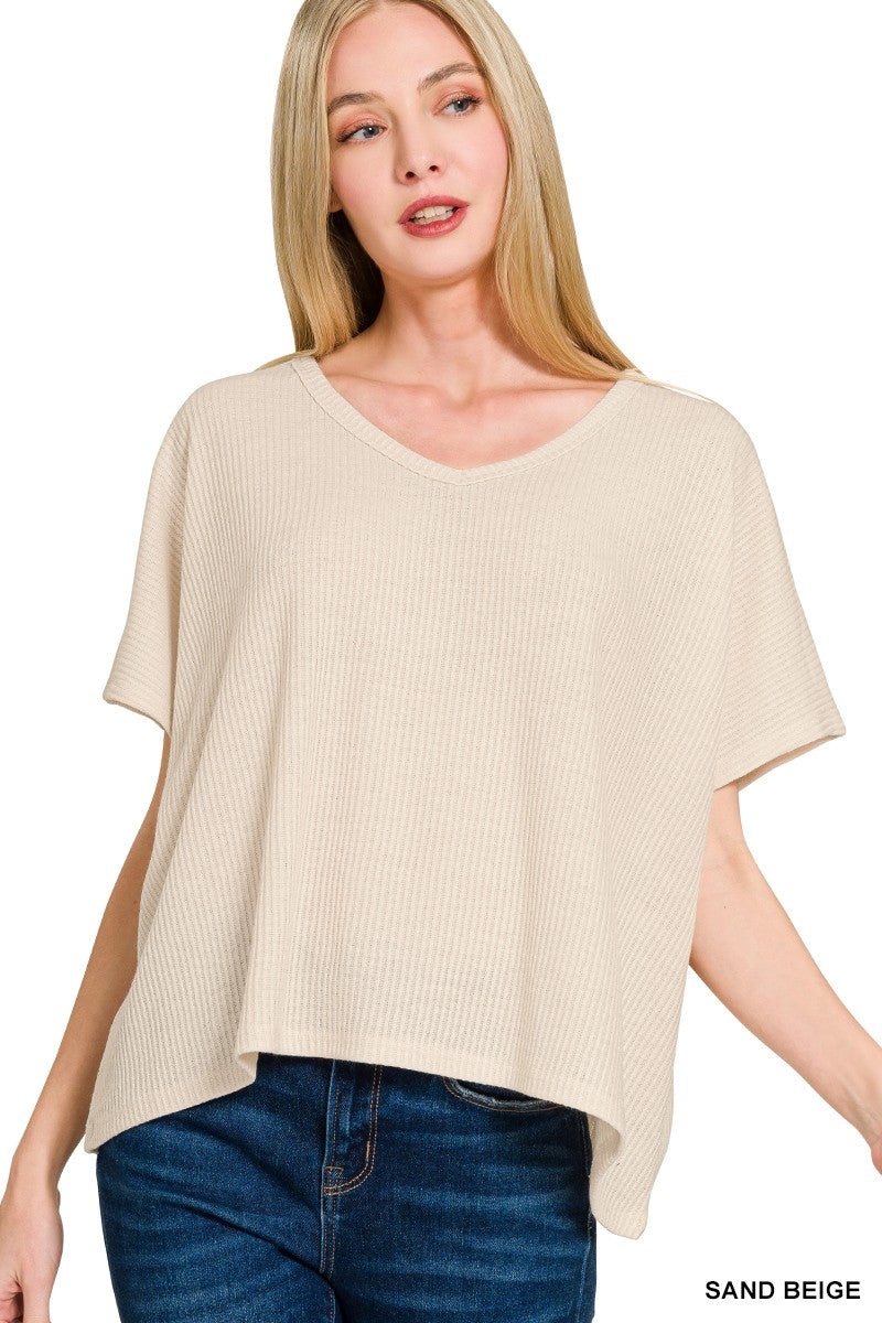 Ribbed V-neck Short-sleeve Sweater