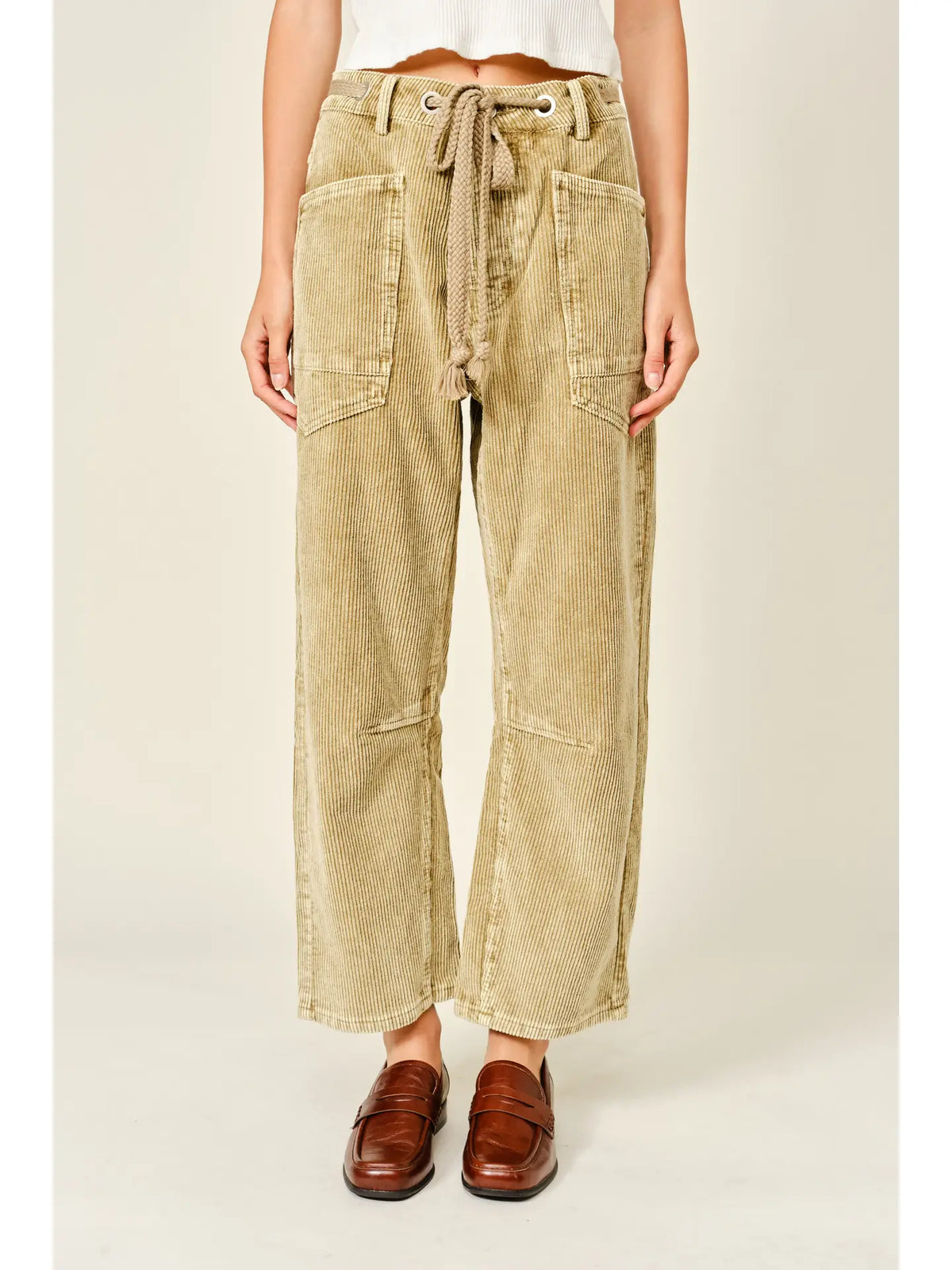 Barrel Corduroy Pants with Eyelet Waist
