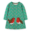 Kids Floral Print Long Sleeve Dress with Cartoon Embroidery