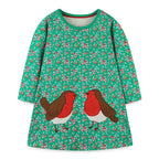 Kids Floral Print Long Sleeve Dress with Cartoon Embroidery