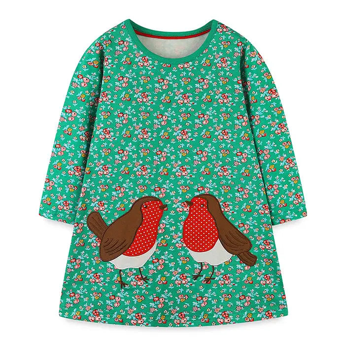 Kids Floral Print Long Sleeve Dress with Cartoon Embroidery