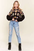 Long Puff Sleeves Crochet Crop Top