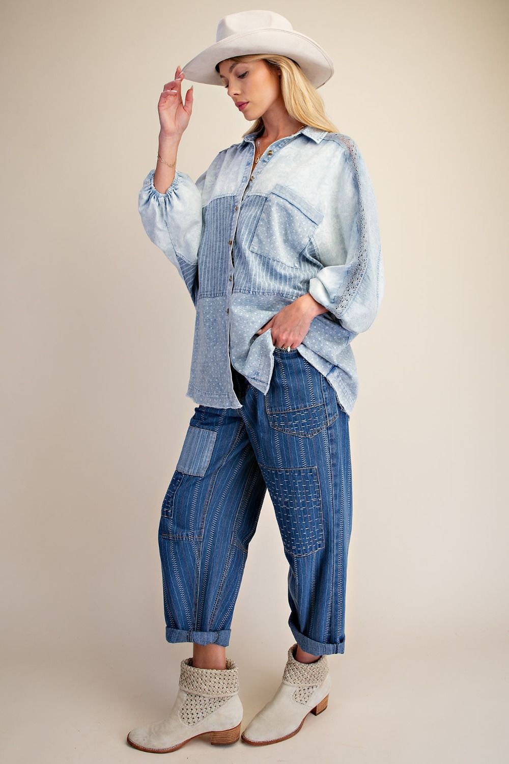 Mixed Print Washed Chambray Woven Shirt