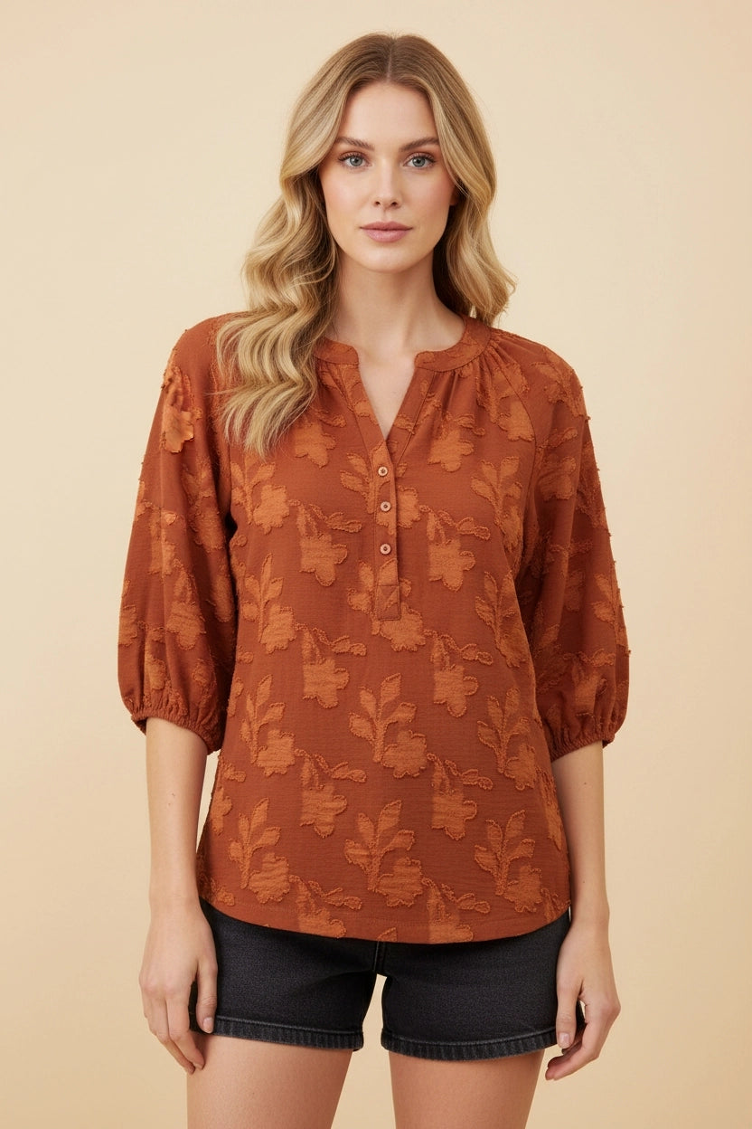 Textured Floral Puff Sleeve Split Neck Blouse