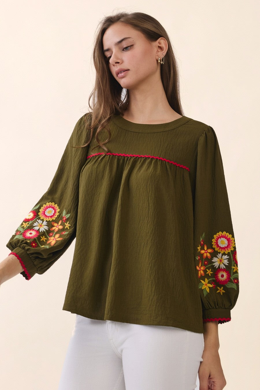 Embroidered Sleeve Peasant Blouse