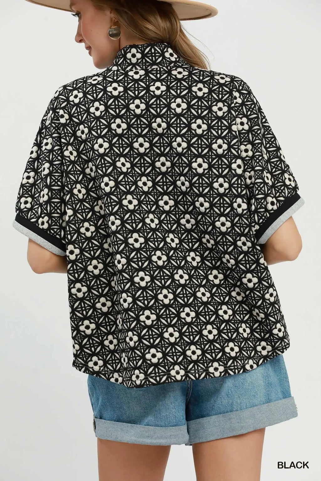 Jacquard Floral Textured Contrast Trim Pullover Top
