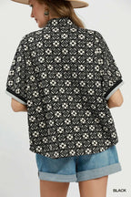 Jacquard Floral Textured Contrast Trim Pullover Top