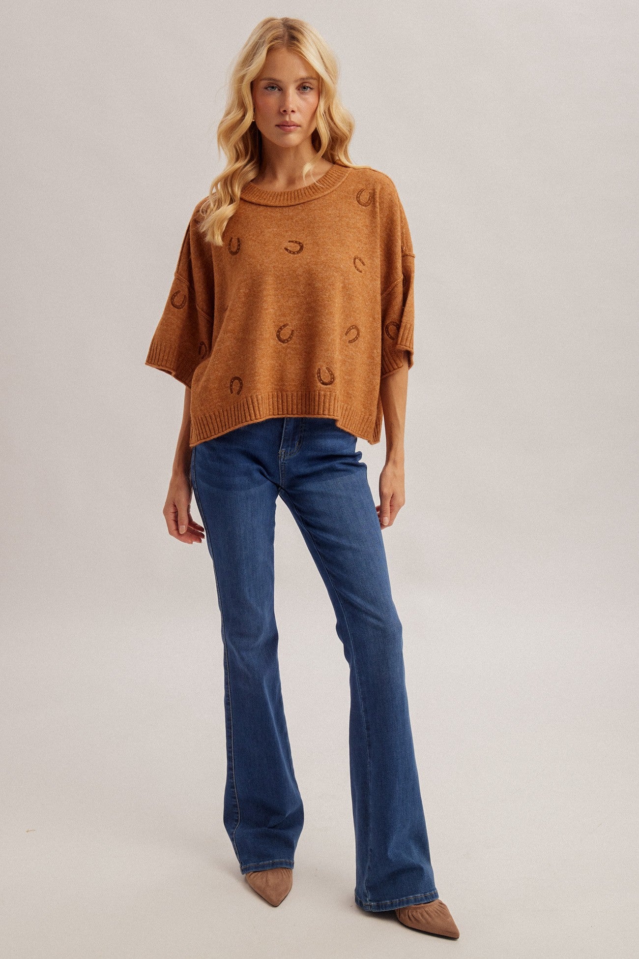 Horseshoe Embroidered Short Sleeve Sweater