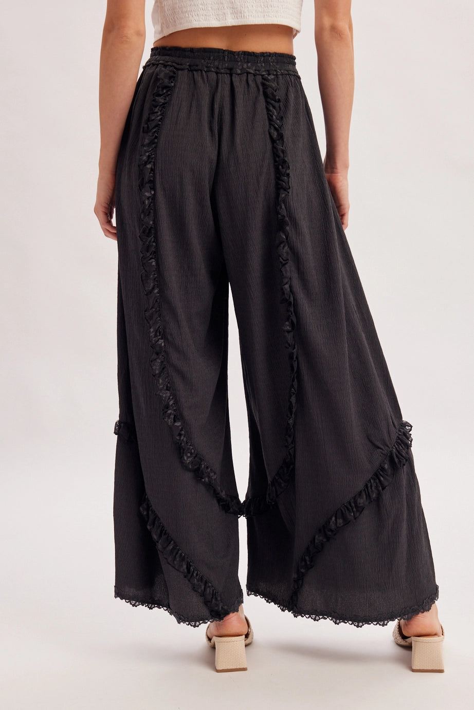Boho Eyelet Lace Ruffle Trimmed Wide Pants