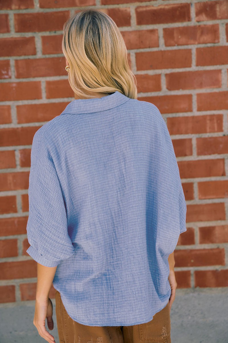 Denim Blue Gauze Oversized Button Down Shirt