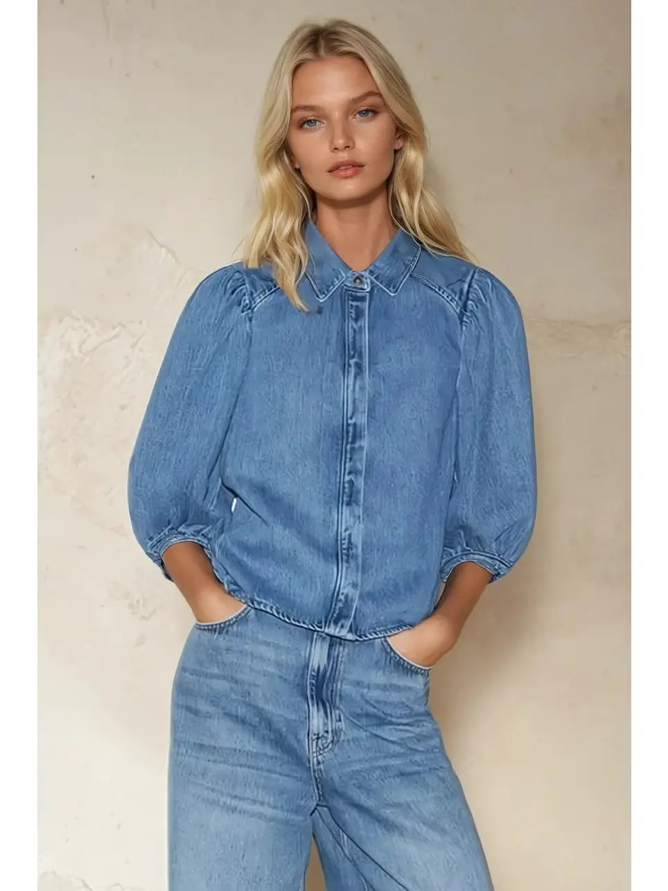 Balloon Sleeved Denim Blouse