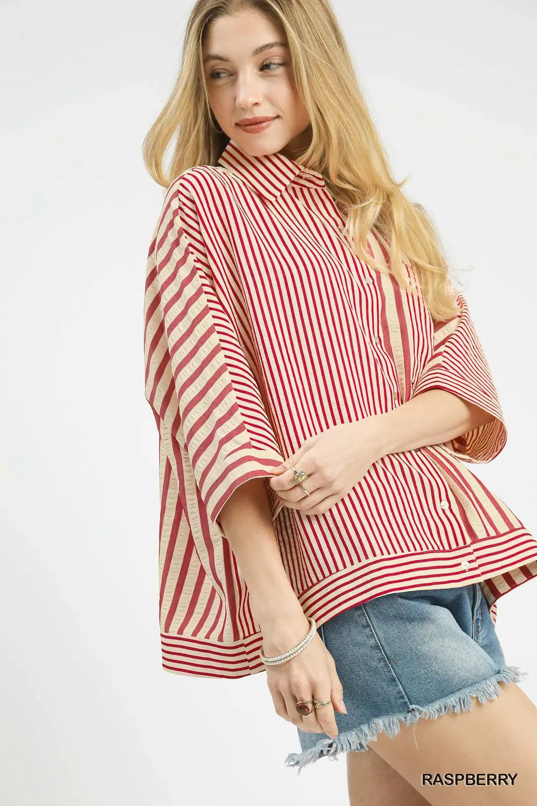 Mixed Stripe Oversized Button Down Top