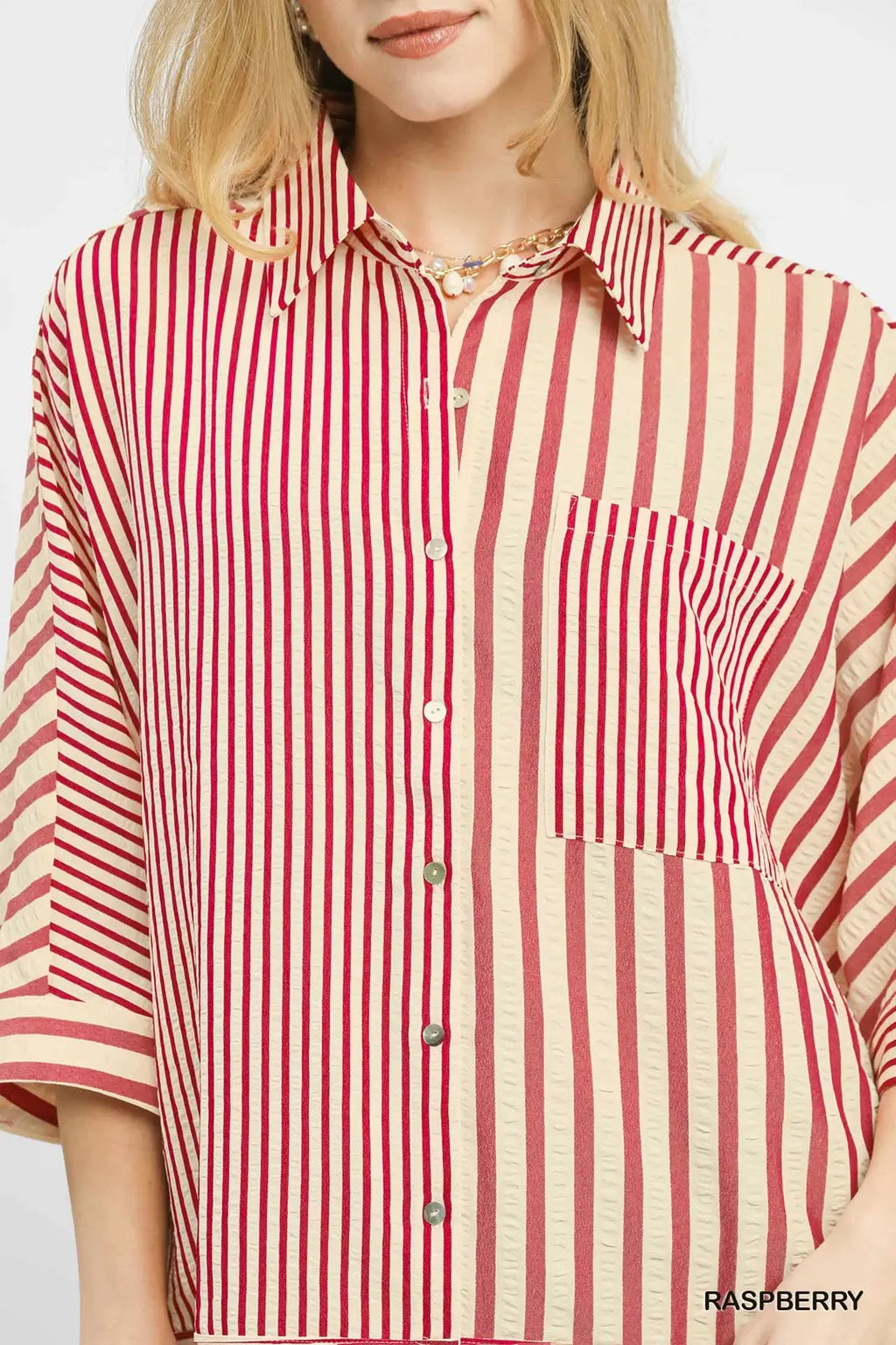 Mixed Stripe Oversized Button Down Top