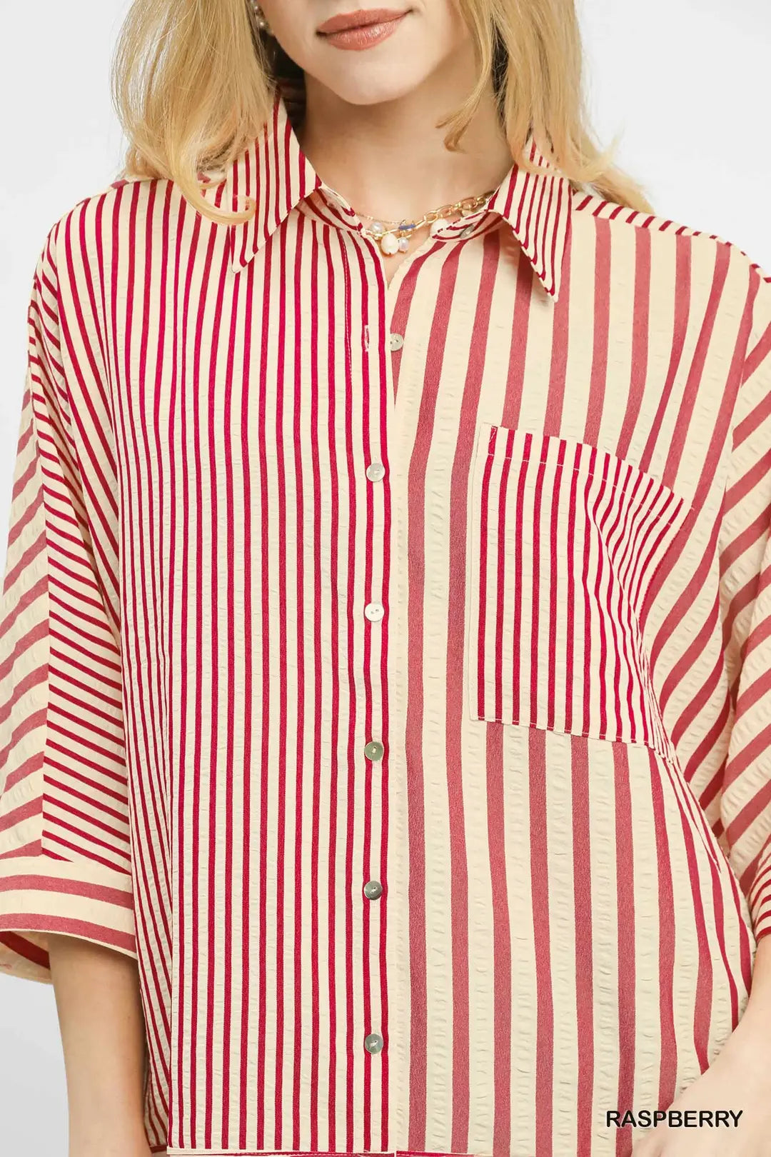 Mixed Stripe Oversized Button Down Top