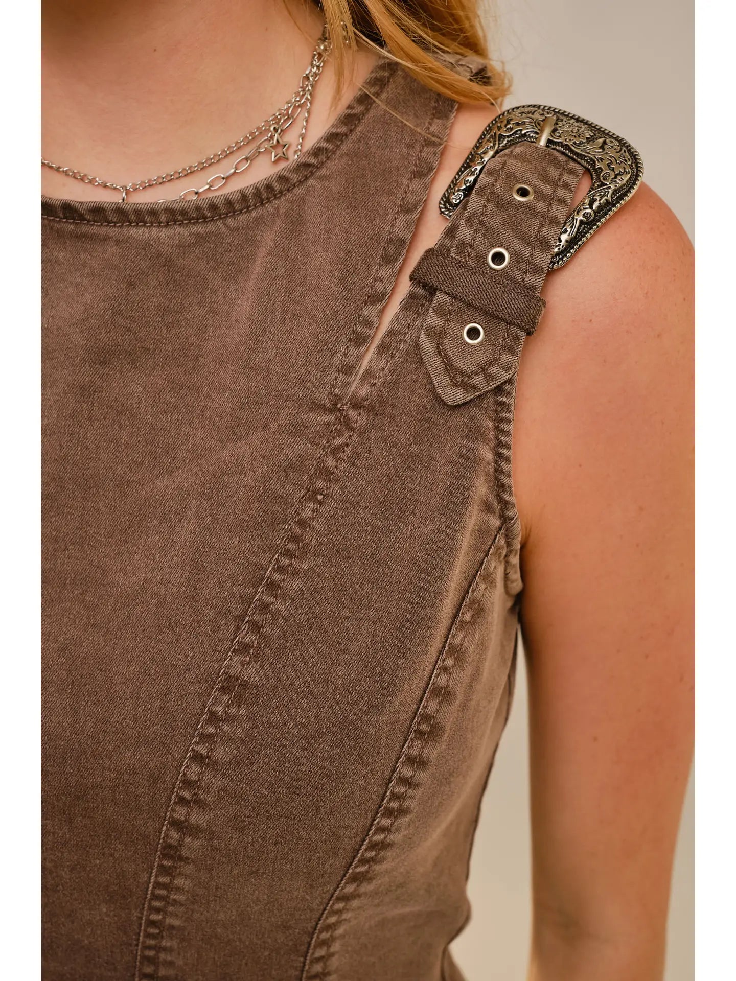 Western Buckle Shoulder Denim Dress
