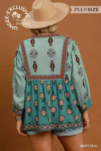 Mixed Floral Border Print Babydoll Blouse