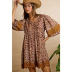 Leopard V Neck Dress with Voluminous Sleeves and Lace Hem