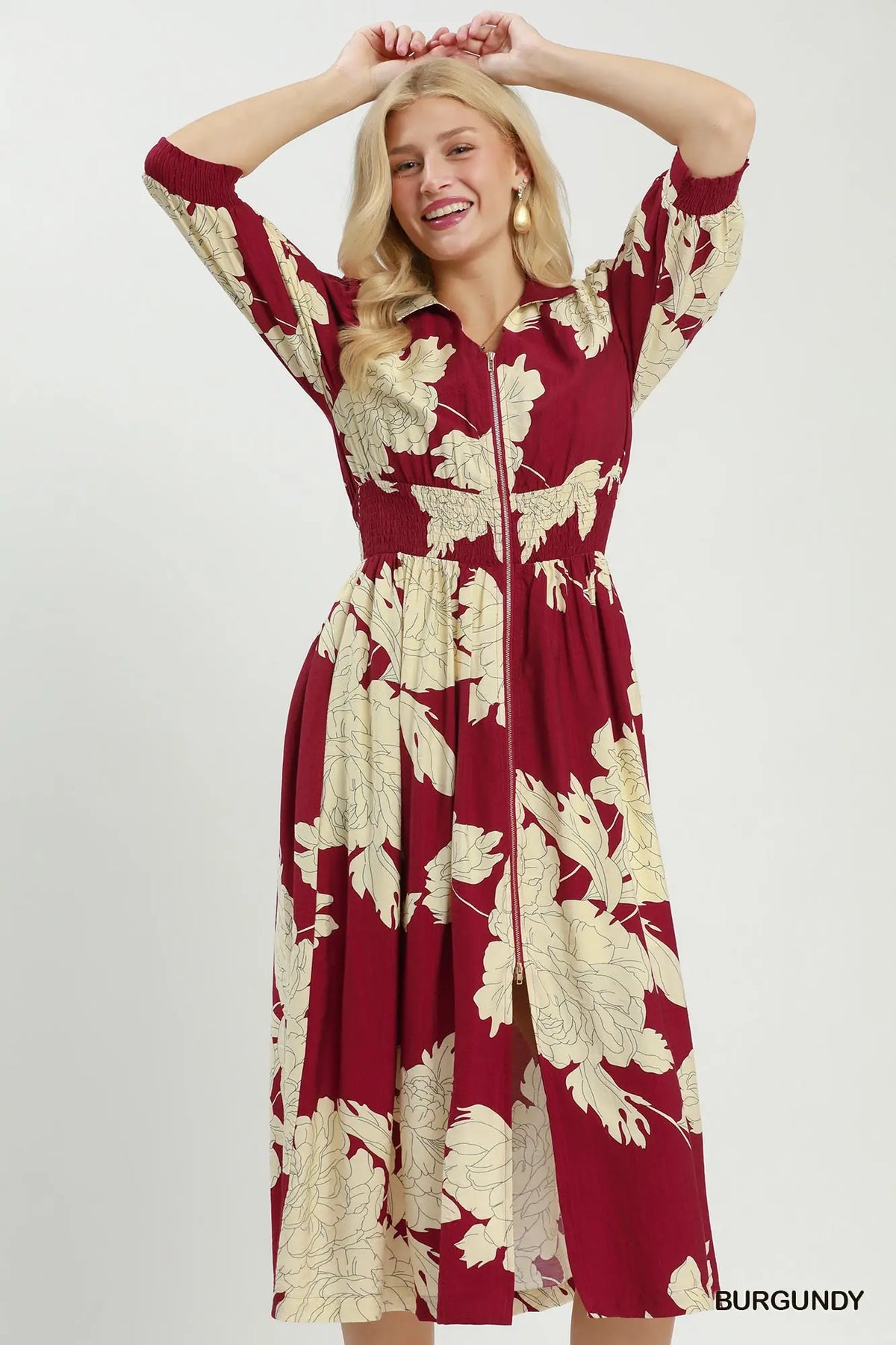 Floral Print Smocked Waist Zip Front Midi Dress