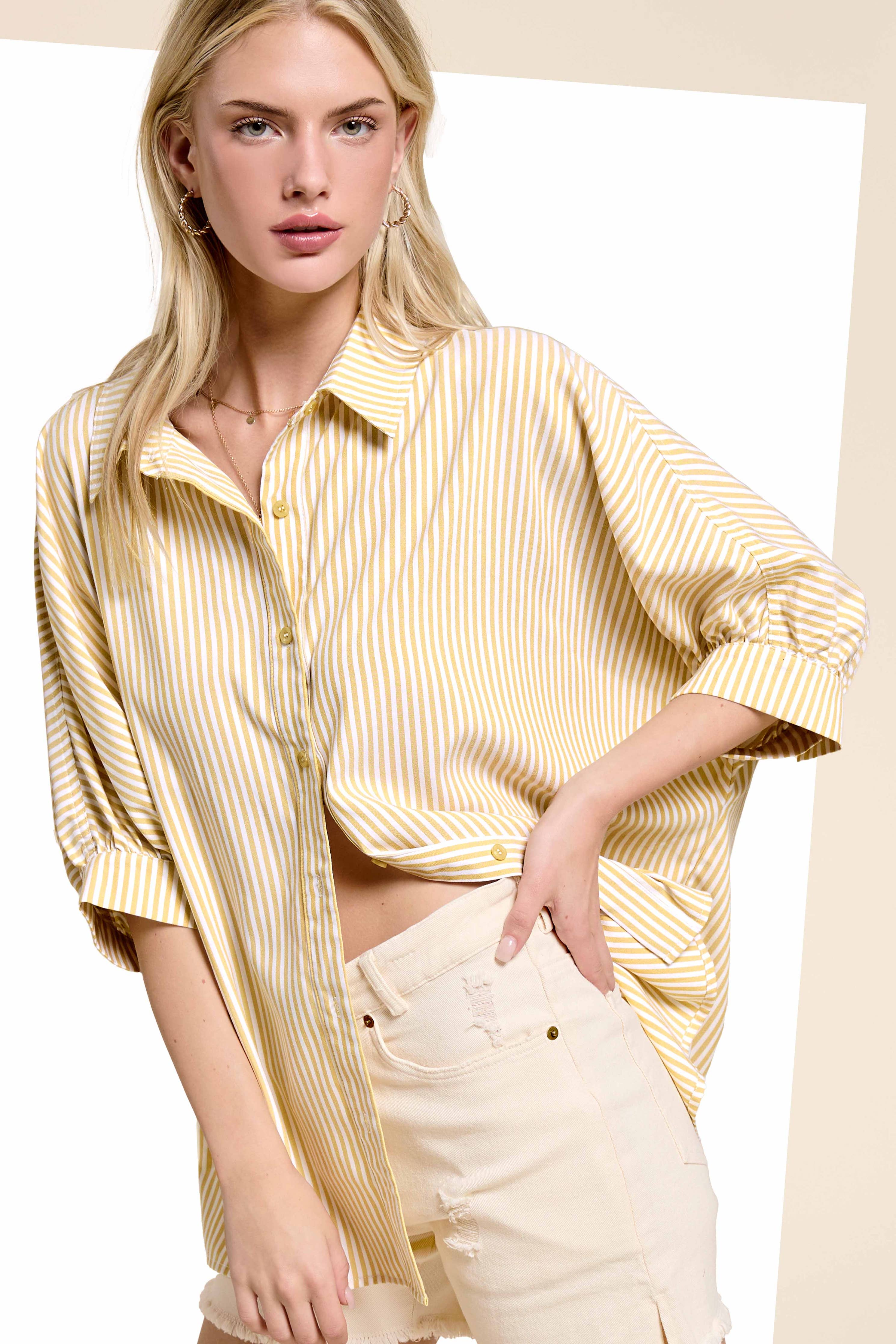 Relaxed Striped Button-Down 3/4 Sleeve Shirt