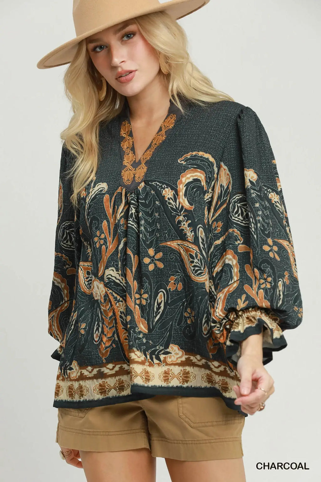 Paisley Border Print Boho Blouse