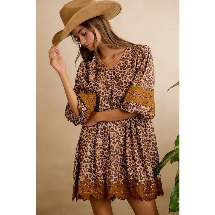 Leopard V Neck Dress with Voluminous Sleeves and Lace Hem