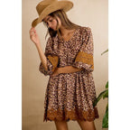 Leopard V Neck Dress with Voluminous Sleeves and Lace Hem