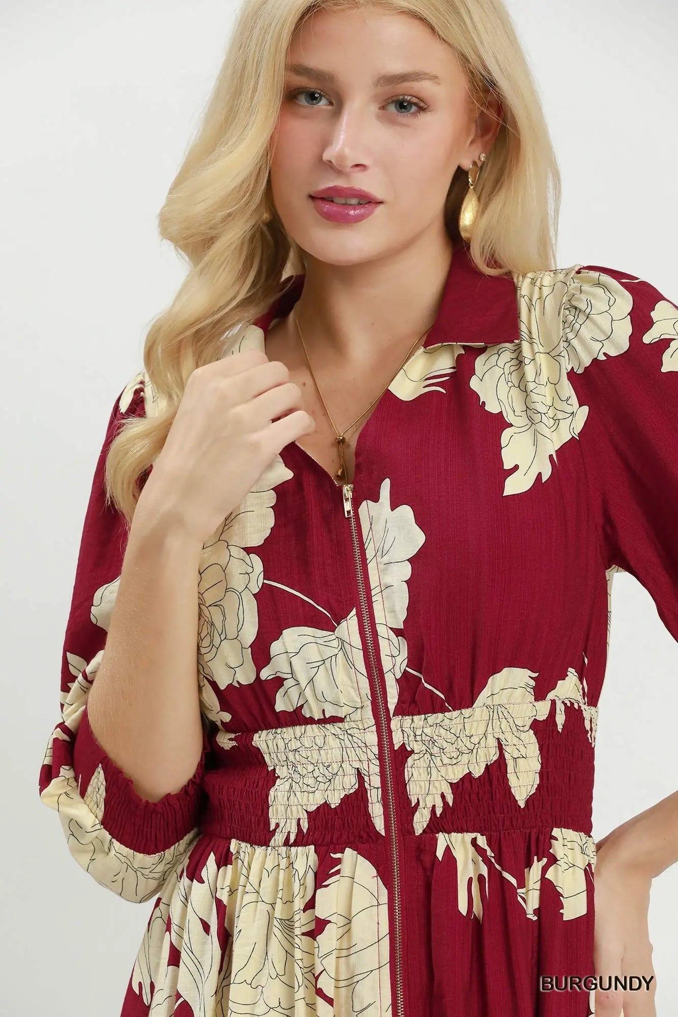 Floral Print Smocked Waist Zip Front Midi Dress