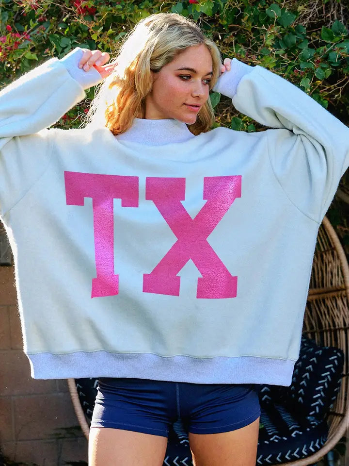 TEXAS & TX' Print Reversible Mockneck Sweatshirt