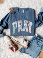 Pray Patchwork Appliqué Graphic Sweatshirt