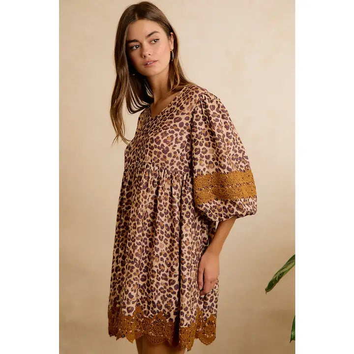 Leopard V Neck Dress with Voluminous Sleeves and Lace Hem