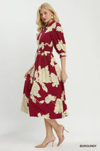 Floral Print Smocked Waist Zip Front Midi Dress