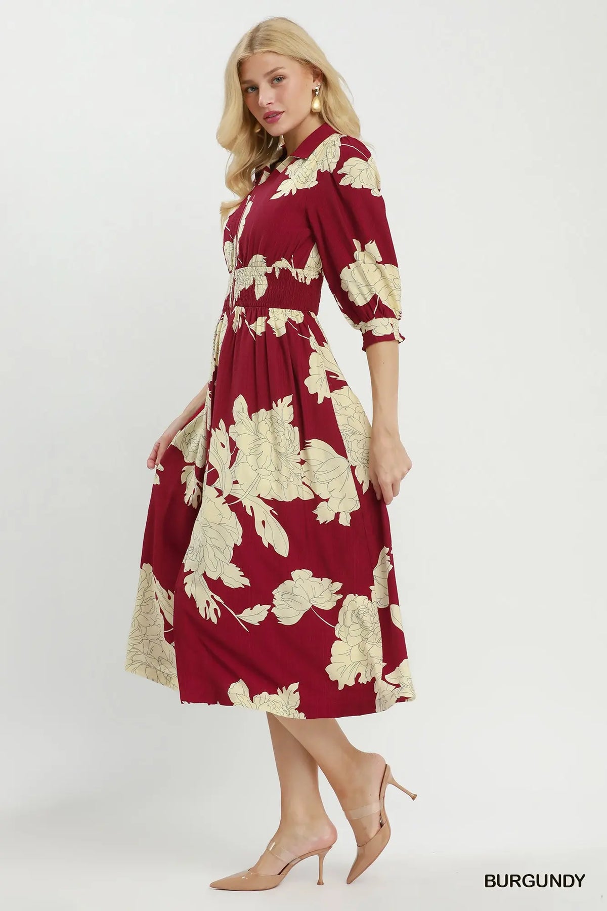 Floral Print Smocked Waist Zip Front Midi Dress