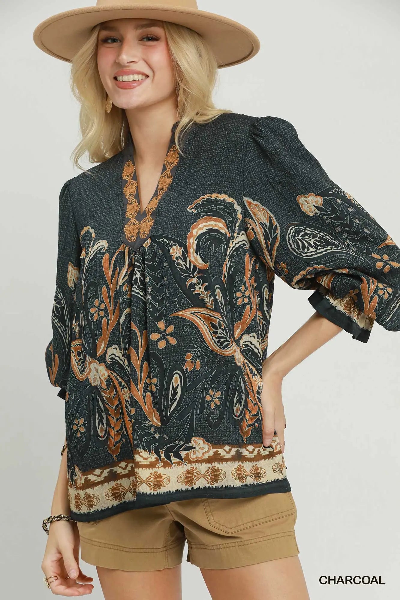 Paisley Border Print Boho Blouse