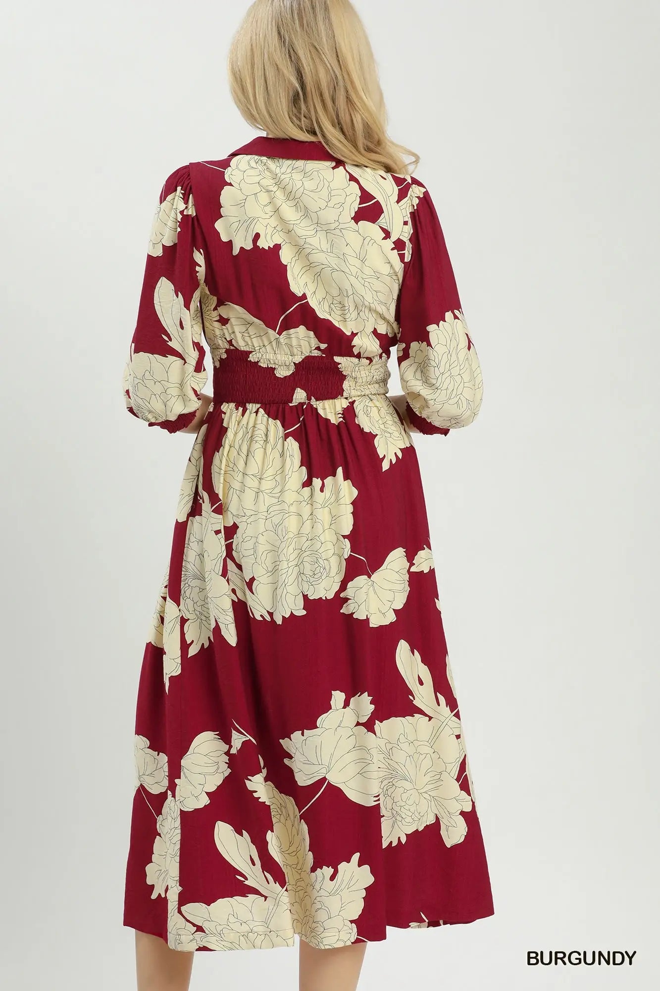 Floral Print Smocked Waist Zip Front Midi Dress