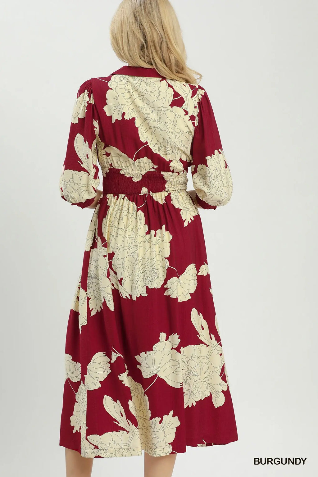 Floral Print Smocked Waist Zip Front Midi Dress