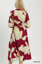 Floral Print Smocked Waist Zip Front Midi Dress