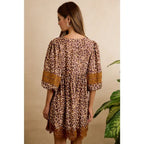 Leopard V Neck Dress with Voluminous Sleeves and Lace Hem