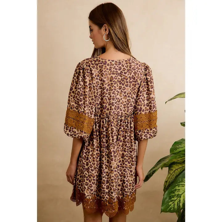 Leopard V Neck Dress with Voluminous Sleeves and Lace Hem