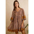 Leopard V Neck Dress with Voluminous Sleeves and Lace Hem